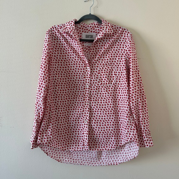 Grayson Cotton White Red Floral Print Button Blouse Top L - Picture 2 of 8